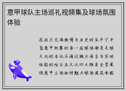 意甲球队主场巡礼视频集及球场氛围体验